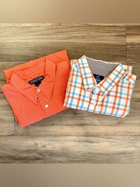 Casual Preppy Button Down Shirt Bundle Large Cotton Coral Plaid